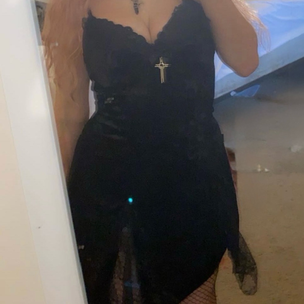 Black Lace mini dress with cross velvet with lace slits gothic lolita